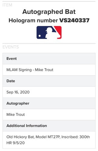 Mike Trout Signed Old Hickory Game Model Bat 300 HR Autograph LA Angels MLB Holo