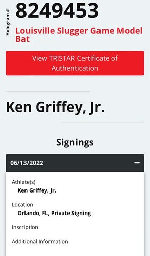 Ken Griffey Jr Signed LS C271 Swingman Game Model Bat Mariners Auto Tristar HOF