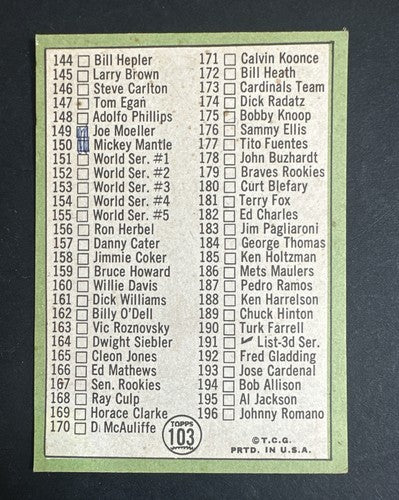 1967 Topps 2nd Series Checklist #103 Mickey Mantle Yankees Ex