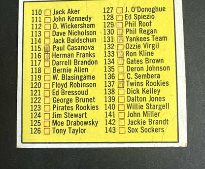 1967 Topps 2nd Series Checklist #103 Mickey Mantle Yankees Ex