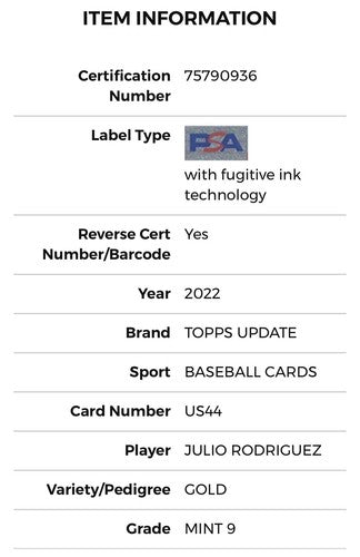 2022 Topps Update #US44 Julio Rodriguez Gold PSA 9 Mint RC Rookie Mariners LE