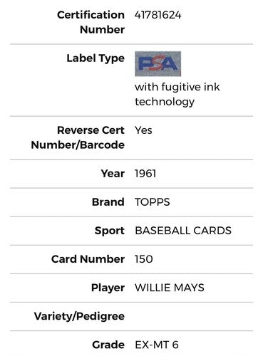 1961 Topps #150 Willie Mays Card PSA 6 Ex - Mint Centered Sharp Beauty Hof