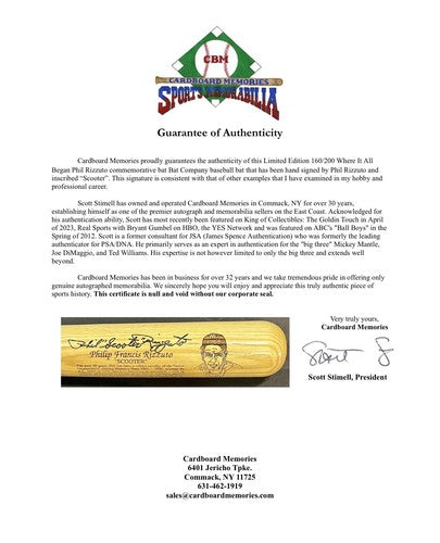 Phil Rizzuto Signed Where It All Began Bat LE NY Yankees Scooter Auto COA HOF