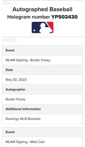 Matt Cain & Buster Posey Signed Perfect Game Battery Baseball Pg Auto MLB Coa