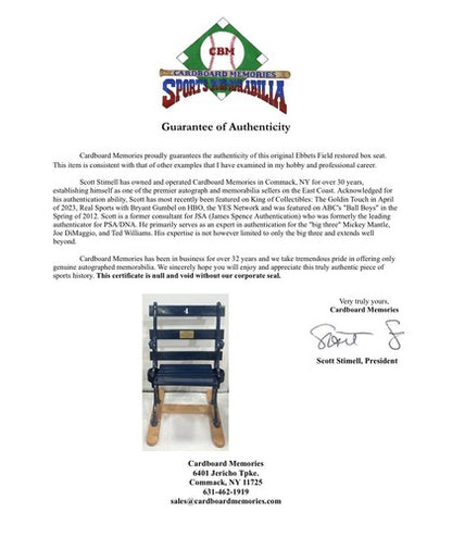 Ebbets Field Original Genuine Box Seat #4 Brooklyn Dodgers Chair Gold Plate COA
