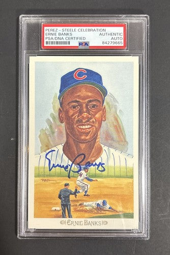 ERNIE BANKS SIGNED PEREZ STEELE Celebration Postcard PSA Coa Mint Auto Cubs HOF