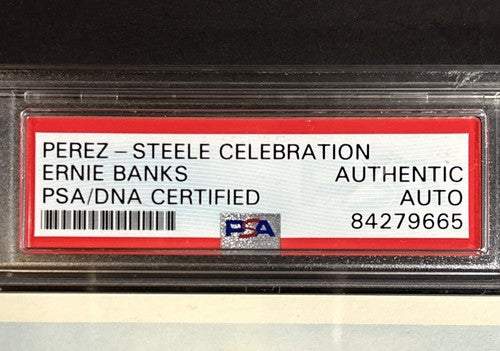 ERNIE BANKS SIGNED PEREZ STEELE Celebration Postcard PSA Coa Mint Auto Cubs HOF