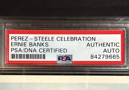 ERNIE BANKS SIGNED PEREZ STEELE Celebration Postcard PSA Coa Mint Auto Cubs HOF