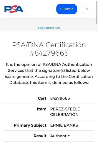 ERNIE BANKS SIGNED PEREZ STEELE Celebration Postcard PSA Coa Mint Auto Cubs HOF