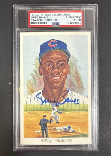 ERNIE BANKS SIGNED PEREZ STEELE Celebration Postcard PSA Mint HOF Auto Cubs
