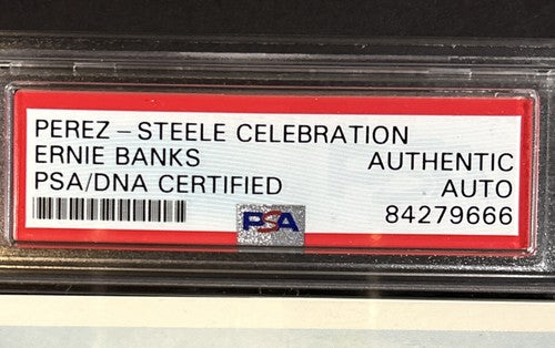 ERNIE BANKS SIGNED PEREZ STEELE Celebration Postcard PSA Mint HOF Auto Cubs