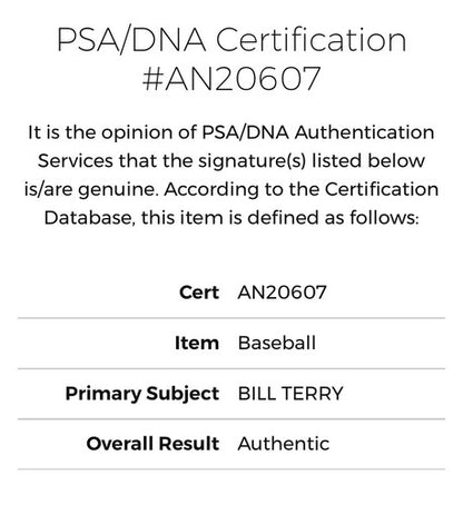 WH Bill Terry Signed Official NL Baseball Bold Auto NY Giants PSA Coa Hof 401 BA