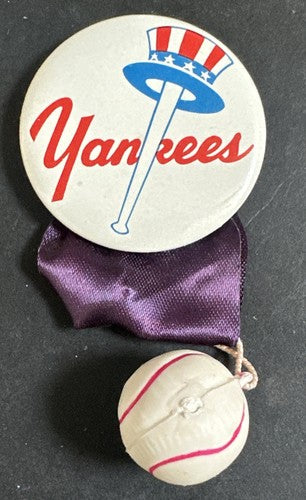 1960s NY Yankees Baseball Top Hat Logo Pin Pinback Button Ball & Ribbon 1.75” NM