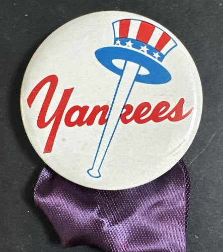 1960s NY Yankees Baseball Top Hat Logo Pin Pinback Button Ball & Ribbon 1.75” NM