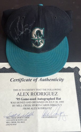 Alex Rodriguez Signed #3 Game used Mariners 1995 rookie Hat Auto W/Millcreek Coa