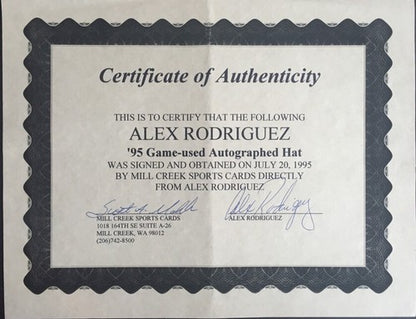 Alex Rodriguez Signed #3 Game used Mariners 1995 rookie Hat Auto W/Millcreek Coa
