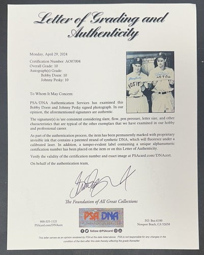 Johnny Pesky Bobby Doerr Signed 8x10 Photo PSA 10 Gem Mint Auto Red Sox LOA HOF