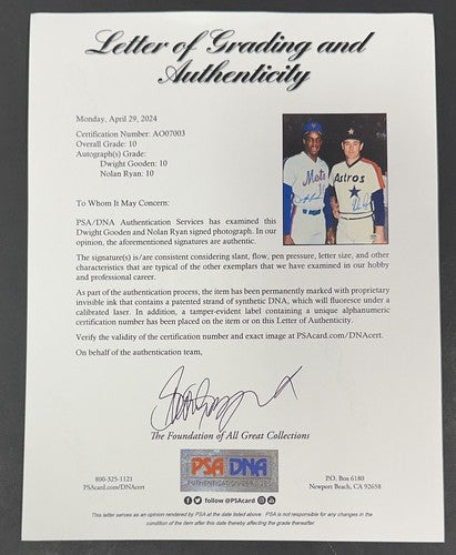 Nolan Ryan Dwight Gooden Signed 8x10 Photo Mets Astros PSA 10 Gem Mint Auto LOA
