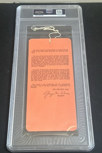 1964 All Star Game Field Pass Ticket Stub Shea Stadium 7/7/64 Psa 4 1/1 Pop 1 Ex