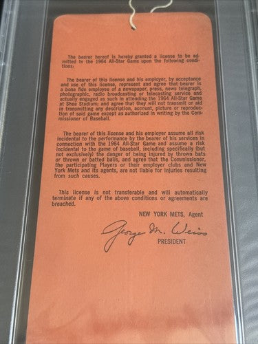 1964 All Star Game Field Pass Ticket Stub Shea Stadium 7/7/64 Psa 4 1/1 Pop 1 Ex