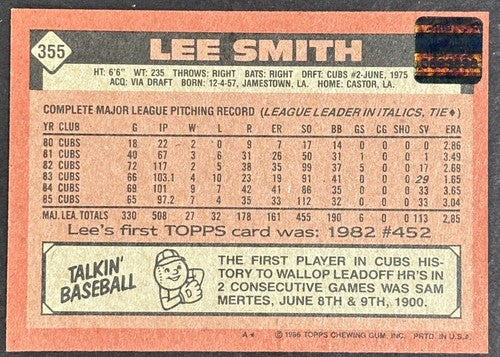 1986 Topps 355 Lee Smith Signed On Card HOF Certified Auto 17/29 NM Chicago Cubs