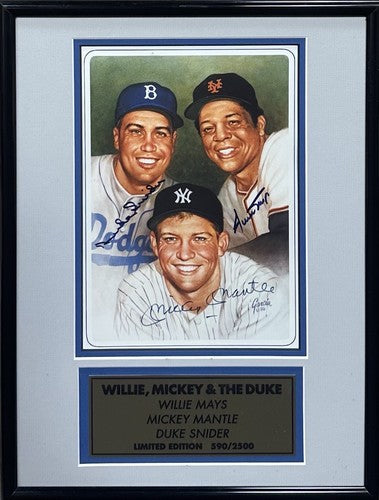 Mickey Mantle Willie Mays Duke Snider Signed Framed Litho Photo Auto Yankees COA