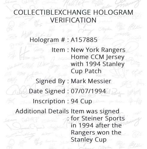 Mark Messier Signed Rangers CCM Authentic Rangers Jersey 1994 Cup Auto Steiner