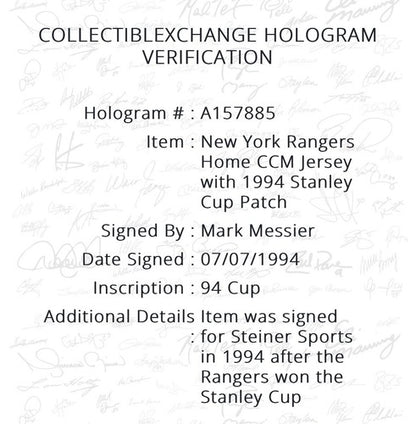 Mark Messier Signed Rangers CCM Authentic Rangers Jersey 1994 Cup Auto Steiner