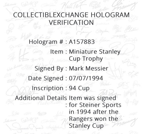 Mark Messier Signed 1994 Mini Stanley Cup Rangers 94 Cup Autograph Steiner HOF