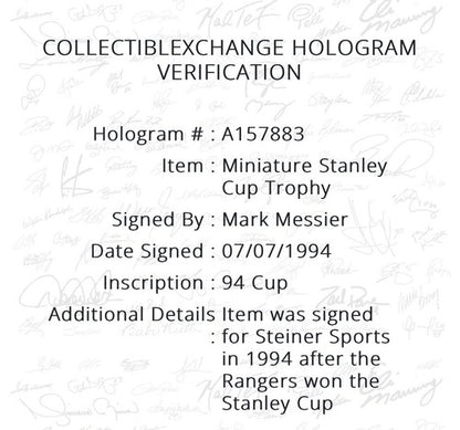 Mark Messier Signed 1994 Mini Stanley Cup Rangers 94 Cup Autograph Steiner HOF