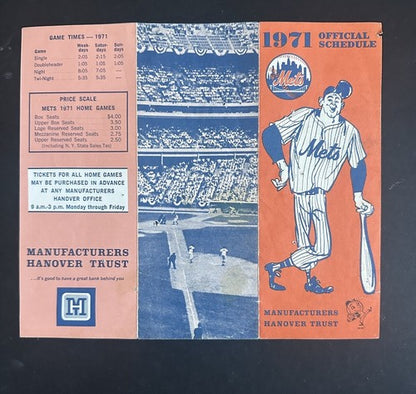 Vintage 1971 New York Mets 8x3 Official Schedule Manufacturers Hanover Trust
