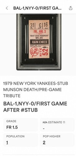Thurman Munson 1st Game After Death Retire Jersey #15 TICKET STUB 8/3/1979 Psa