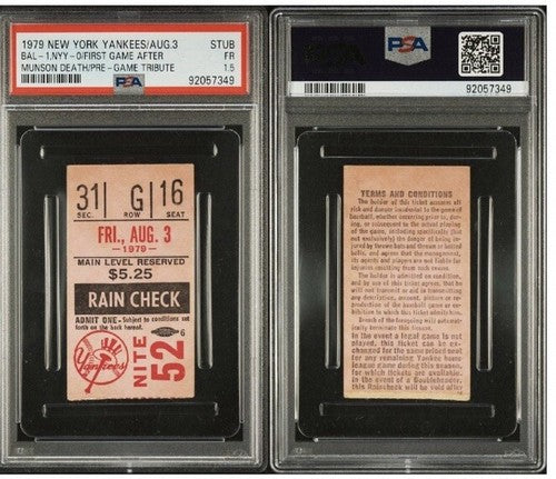Thurman Munson 1st Game After Death Retire Jersey #15 TICKET STUB 8/3/1979 Psa