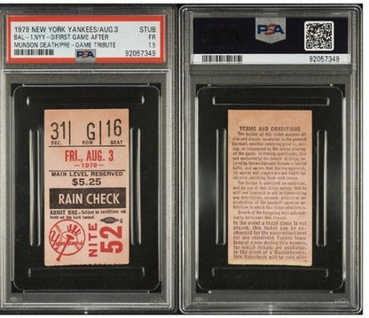 Thurman Munson 1st Game After Death Retire Jersey #15 TICKET STUB 8/3/1979 Psa