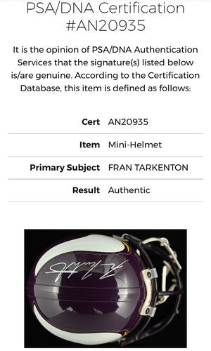 Fran Tarkenton Signed Vikings Vintage Riddell Mini Helmet Autograph PSA COA HOF