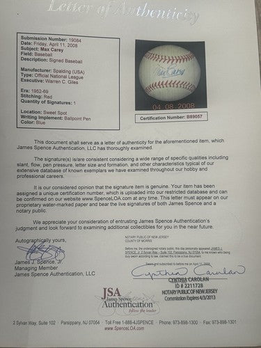 Max Carey Single Signed OFFICIAL NL GILES  Baseball HOF AUTOGRAPH JSA LOA RARE