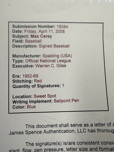 Max Carey Single Signed OFFICIAL NL GILES  Baseball HOF AUTOGRAPH JSA LOA RARE