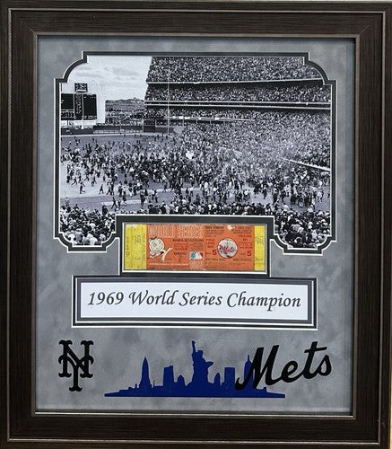 1969 NY Mets World Series Game 5 Full Ticket Framed w/ Photo Suede Shea Stadium