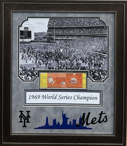 1969 NY Mets World Series Game 5 Full Ticket Framed w/ Photo Suede Shea Stadium