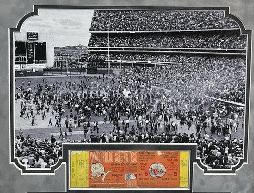 1969 NY Mets World Series Game 5 Full Ticket Framed w/ Photo Suede Shea Stadium