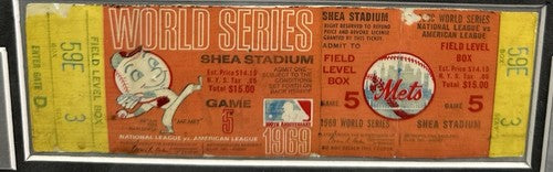 1969 NY Mets World Series Game 5 Full Ticket Framed w/ Photo Suede Shea Stadium