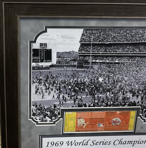 1969 NY Mets World Series Game 5 Full Ticket Framed w/ Photo Suede Shea Stadium