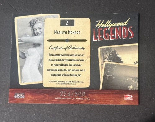 MARILYN MONROE WORN RELIC SWATCH CARD 2009 Panini HOLLYWOOD LEGENDS /500 Mint