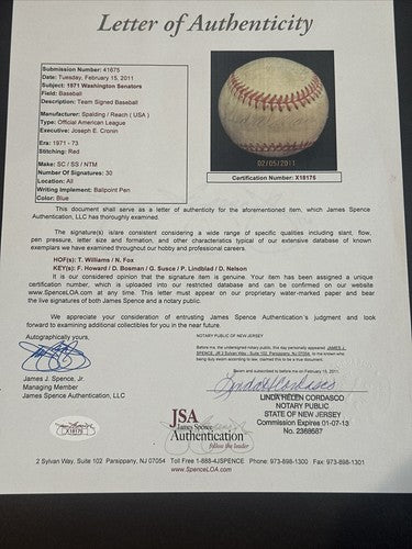 1971 Washington Senators Team Signed A.L Baseball Ted Williams Nelson Fox JSA