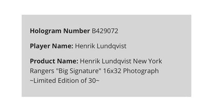 Henrik Lundqvist Signed 16x32 Framed Pano Photo Mint /30 Auto Rangers Steiner