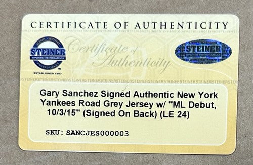 Gary Sanchez Signed Majestic Authentic Yankees Jersey /24 MLB Debut Auto Steiner