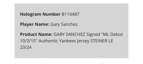 Gary Sanchez Signed Majestic Authentic Yankees Jersey /24 MLB Debut Auto Steiner