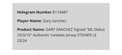Gary Sanchez Signed Majestic Authentic Yankees Jersey /24 MLB Debut Auto Steiner