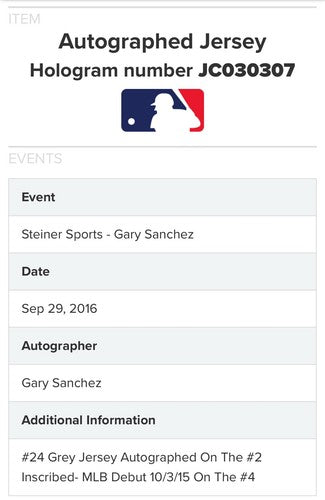 Gary Sanchez Signed Majestic Authentic Yankees Jersey /24 MLB Debut Auto Steiner