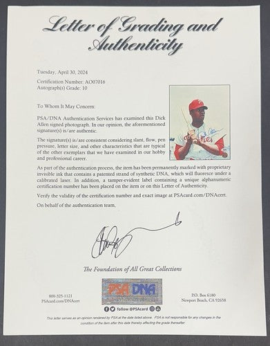 Dick Allen Signed 8x10 Framed Photo Phillies PSA 10 Gem Mint Autograph LOA HOF